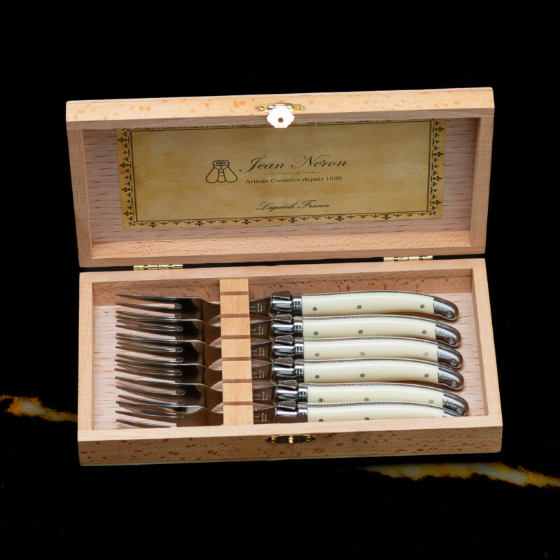 Laguiole 6 Piece Dinner Fork Set, Platine Ivory in Wood Presentation Box