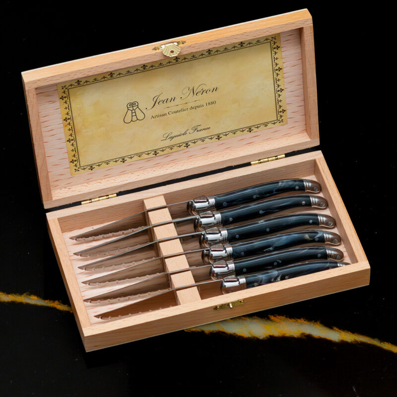 Set de 6 Couteaux à Steak Laguiole, Marbre Noir dans Boîte de Présentation en Bois