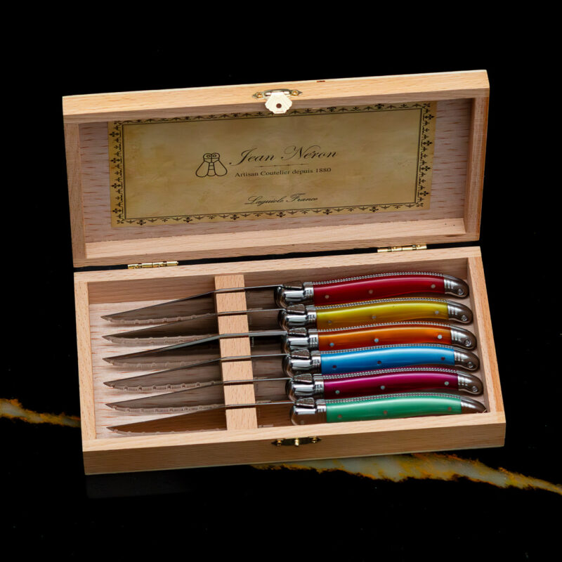 Laguiole 6 Piece Steak Knife Set, Platine Rainbow in Wood Presenation Box