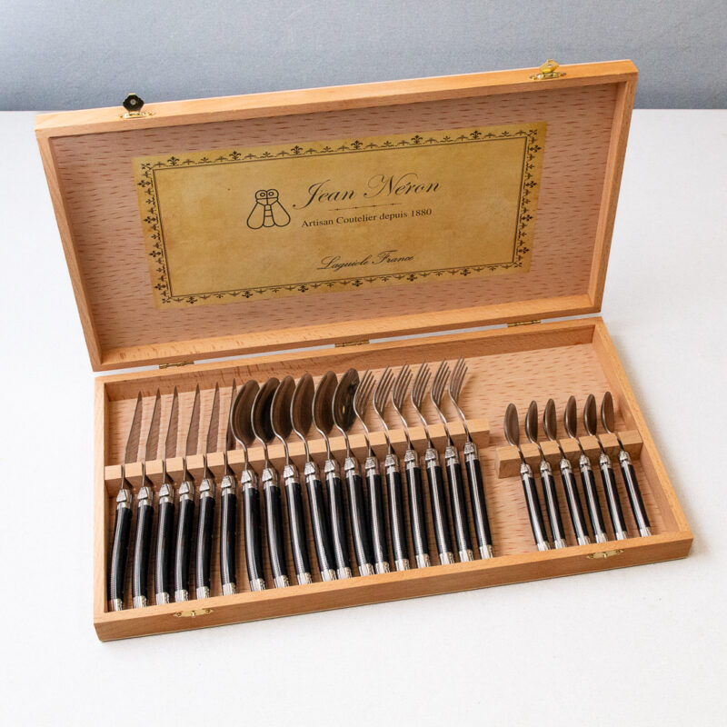 Set de 24 Couverts Laguiole, Platine Noir dans Boîte de Présentation en Bois
