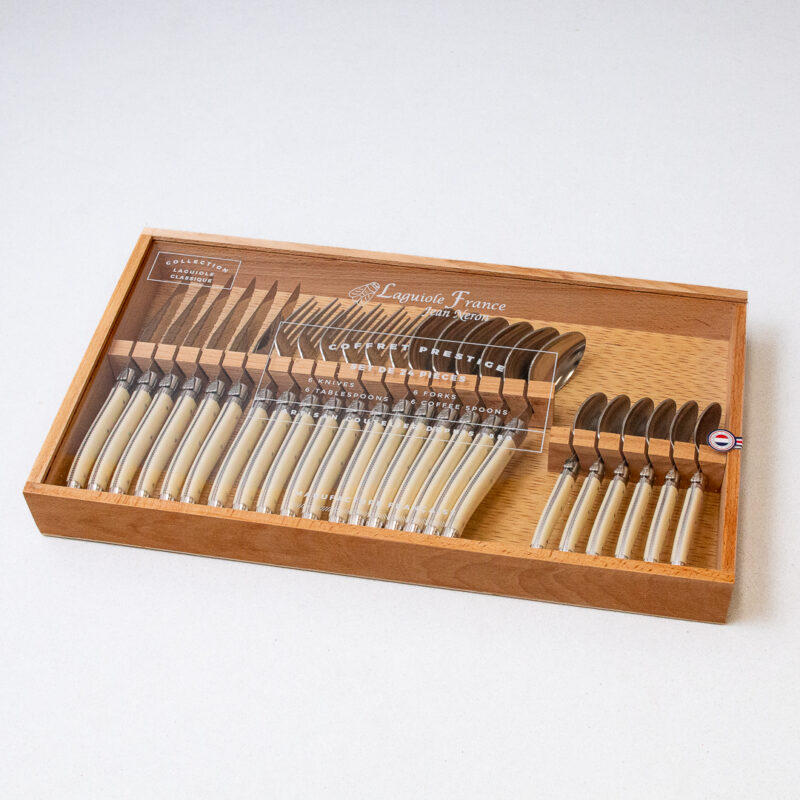 Service de couverts Laguiole 24 pièces, Platine Ivoire dans coffret en bois avec couvercle en acrylique