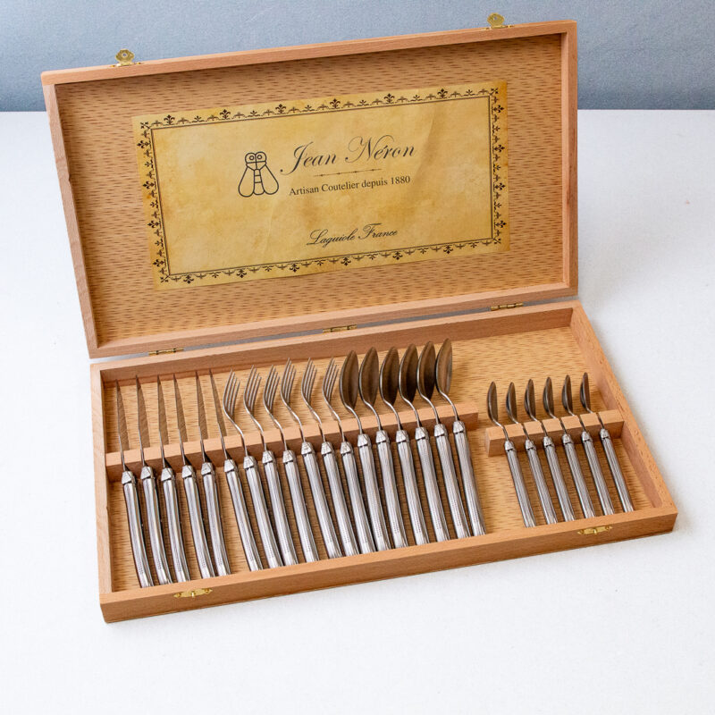Set de 24 Couverts Laguiole, Platine Acier Inoxydable dans Boîte de Présentation en Bois