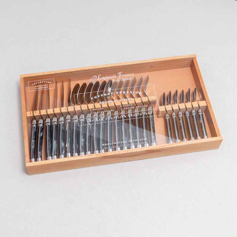 Set de 24 Couverts Laguiole, Marbre Noir dans Boîte en Bois avec Couvercle en Acrylique