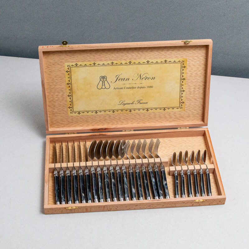 Set de 24 Couverts Laguiole, Marbre Noir dans Boîte de Présentation en Bois