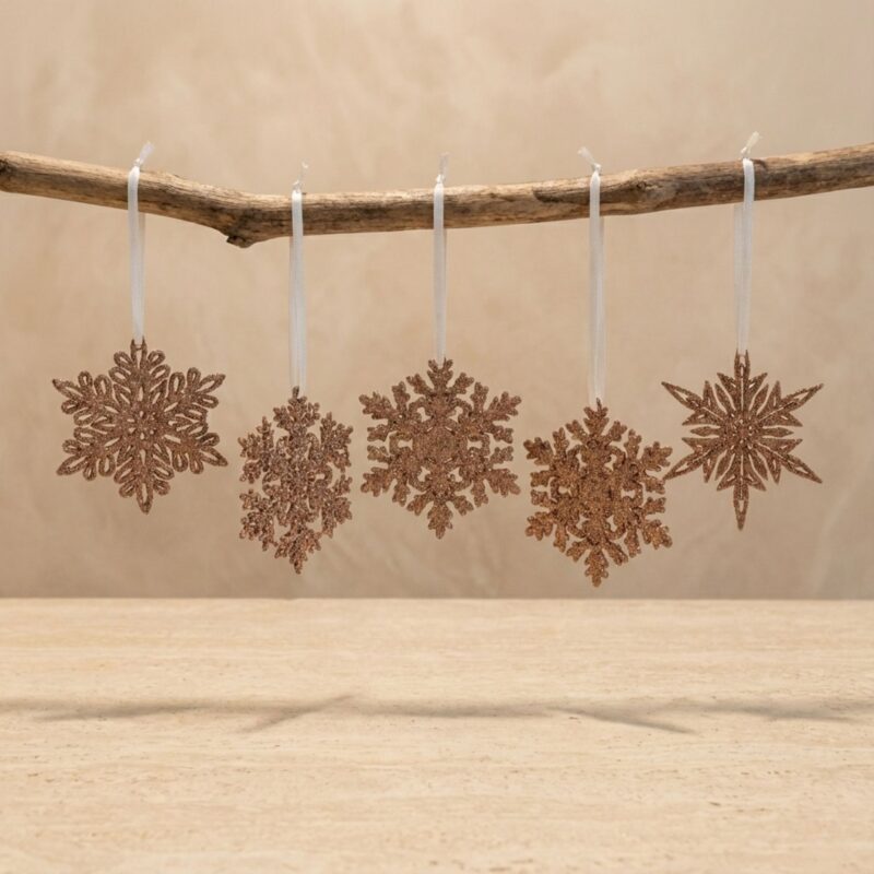 Ensemble de 5 décorations en forme de flocons de neige scintillants, en laiton