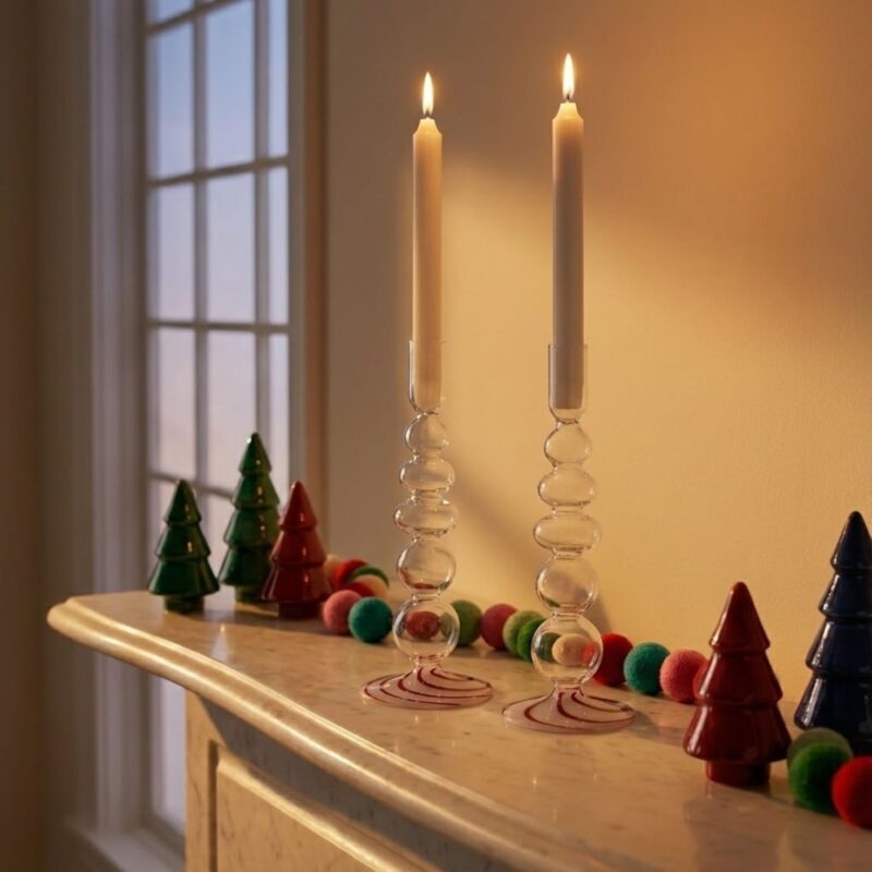 Tall Peppermint Borosilicate Glass Taper Holder, Set of 2