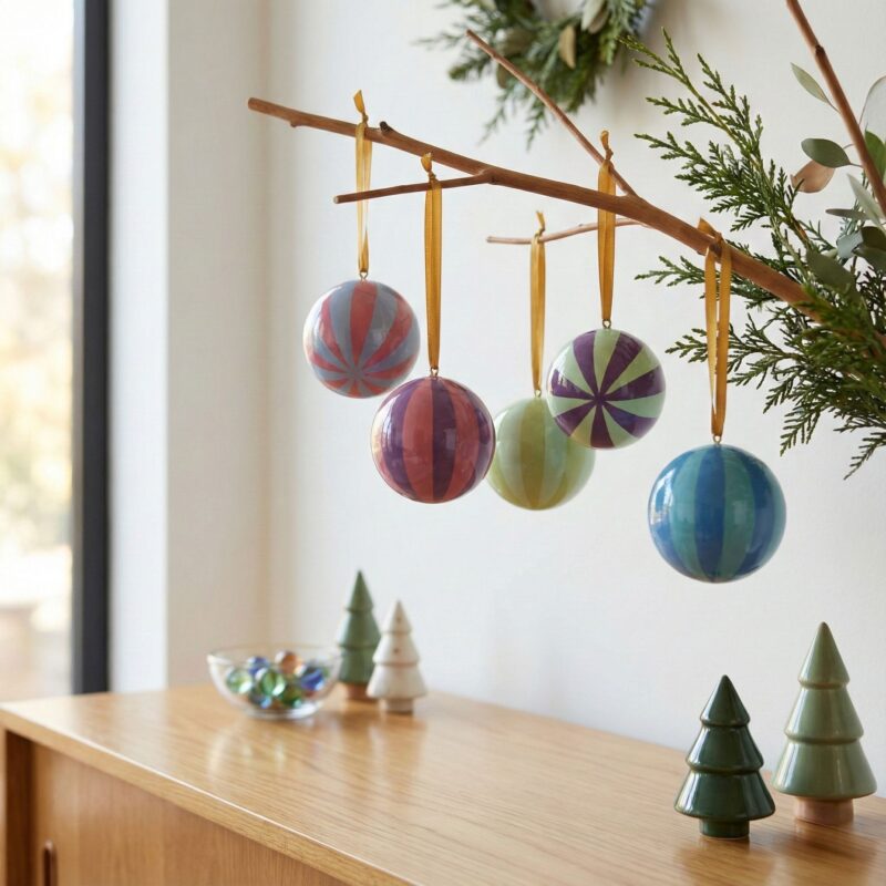 Paper Mache Stripe Ornaments, Set of 5