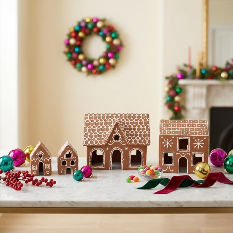 Paper Mache Gingerbread Village, Set of 4