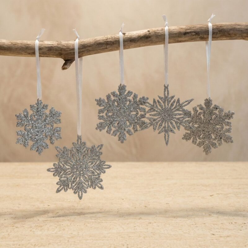 Ensemble de 5 décorations en forme de flocons de neige scintillants, argentés