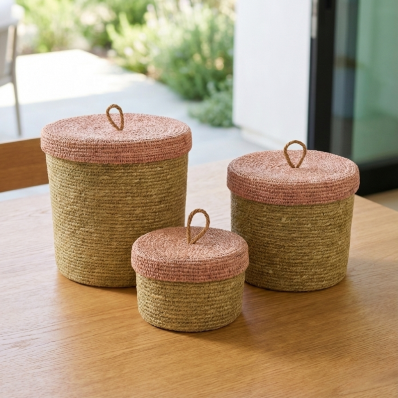 Hydra Woven Seagrass Nesting Canisters Set of 3, Rose