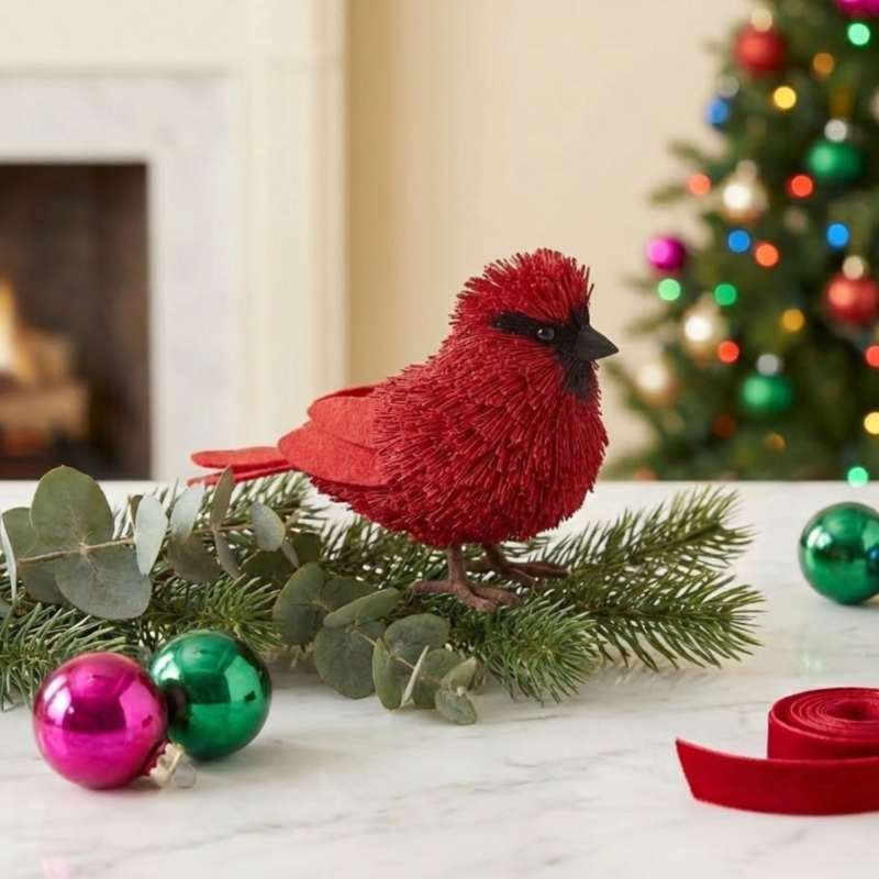 Perched Cardinal Brushie Ornament