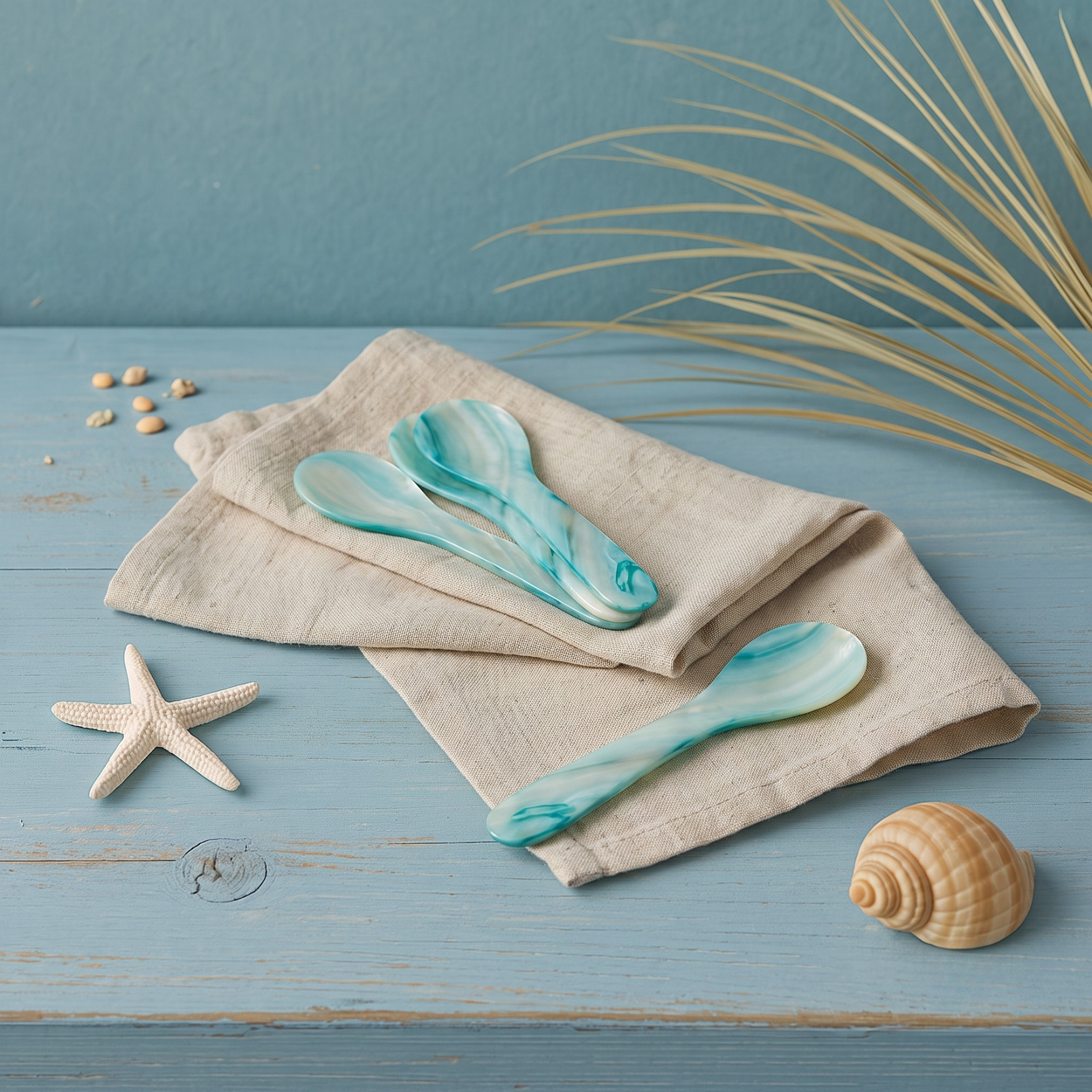 Cuillères coquillage, grand ensemble de 4, bleu
