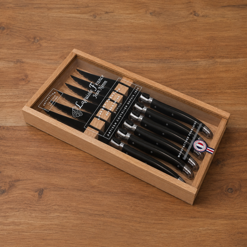Laguiole 6 Piece Steak Knife Set, Black Blade & Black Handle in Wood Box with Acrylic Lid