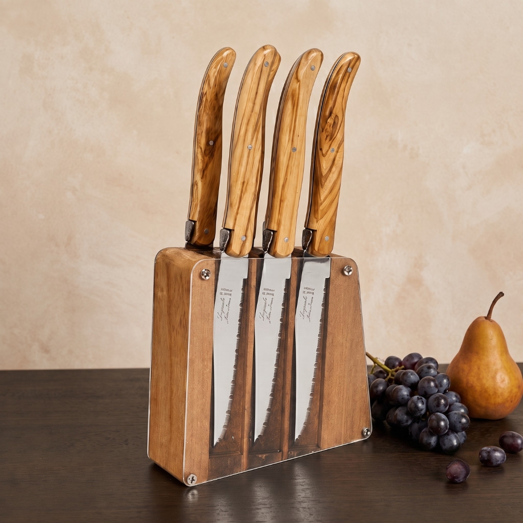 Laguiole 6 Piece Steak Knife Set, Olivewood in Acrylic Block - Image 2