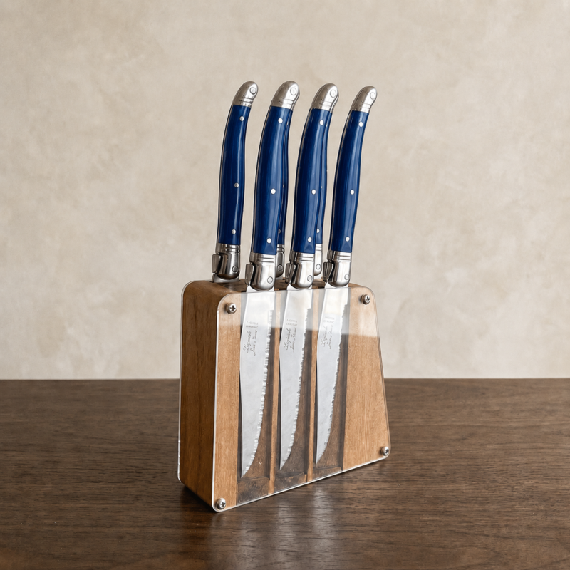 Lot de 6 couteaux à steak Laguiole, bleu français, dans un bloc en acrylique