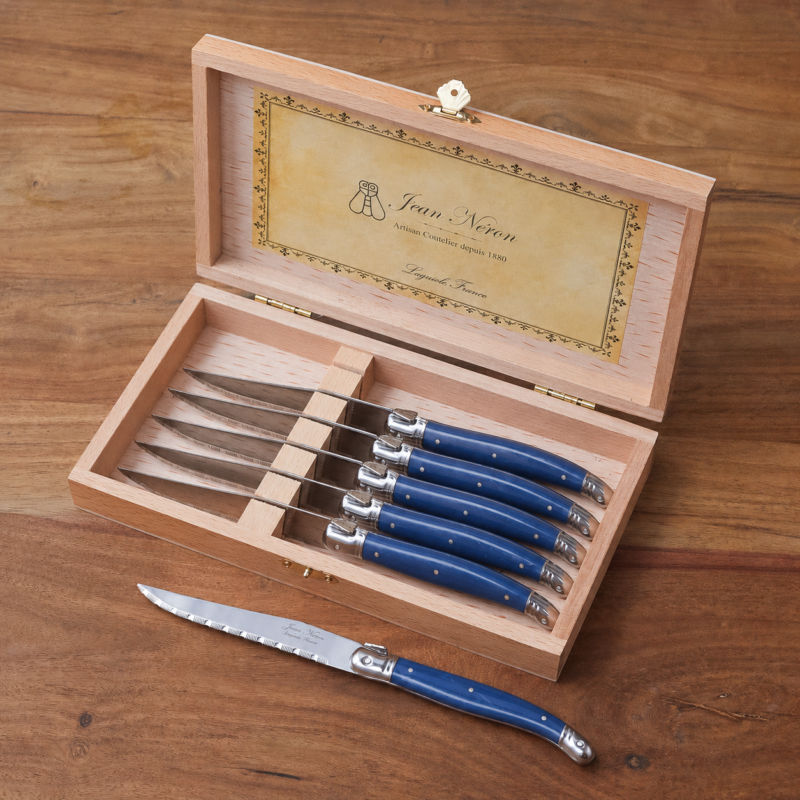 Laguiole 6 Piece Steak Knife Set, French Blue in Wood Presentation Box