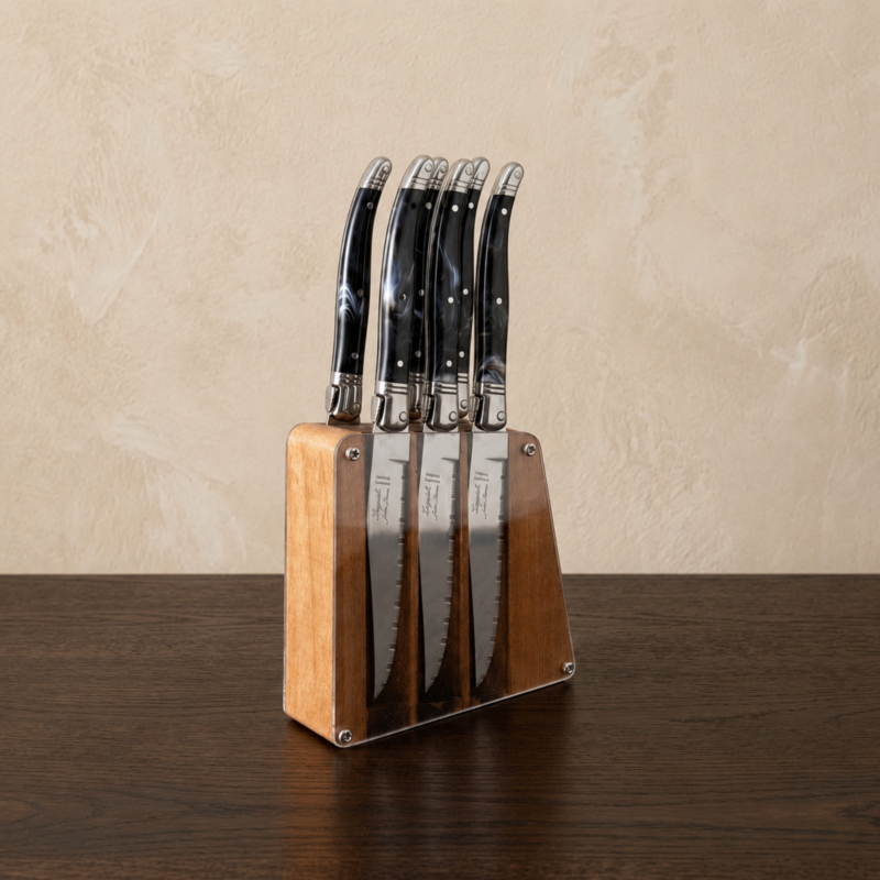 Laguiole 6 Piece Steak Knife Set, Black Marble in Acrylic Block