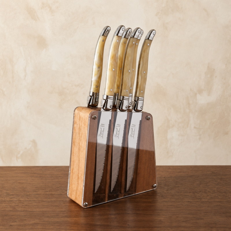 Laguiole 6 Piece Steak Knife Set, Pale Horn in Acrylic Block