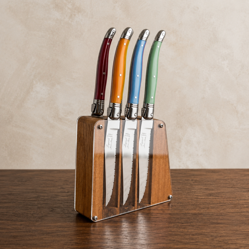 Laguiole 6 Piece Steak Knife Set, Rainbow in Acrylic Block