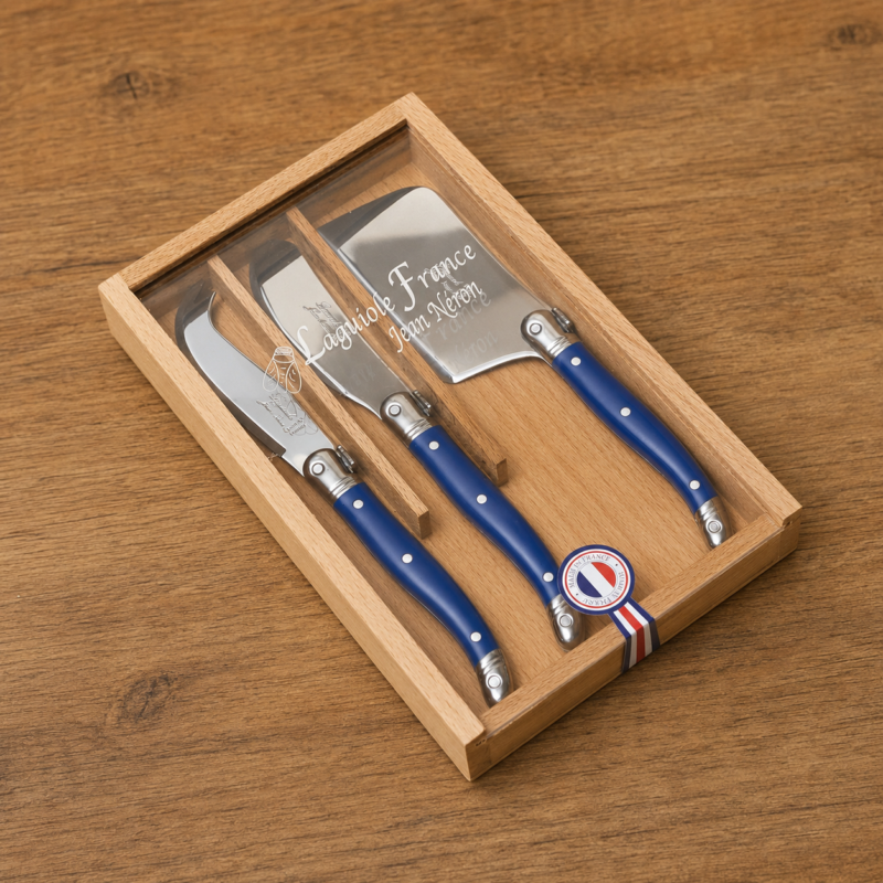 Laguiole 3 Piece Mini Cheese Utensil Set, French Blue in Wood Box with Acrylic Lid