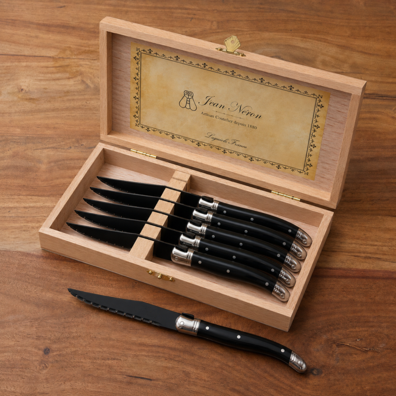 Laguiole 6 Piece Steak Knife Set, Black Blade & Black Handle in Wood Presentation Box