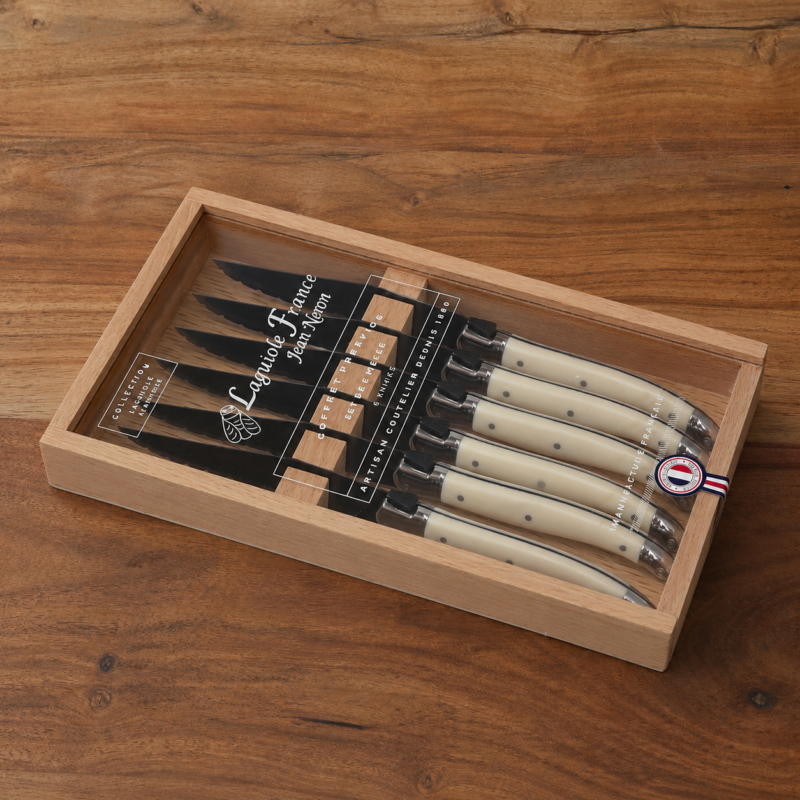 Laguiole 6 Piece Steak Knife Set, Black Blade & Ivory Handle in Wood Box with Acrylic Lid