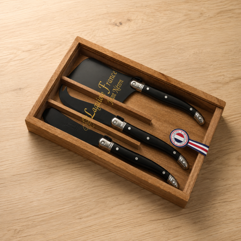 Laguiole 3 Piece Mini Cheese Utensil Set, Black Blade & Black Handle in Wood Box with Acrylic Lid
