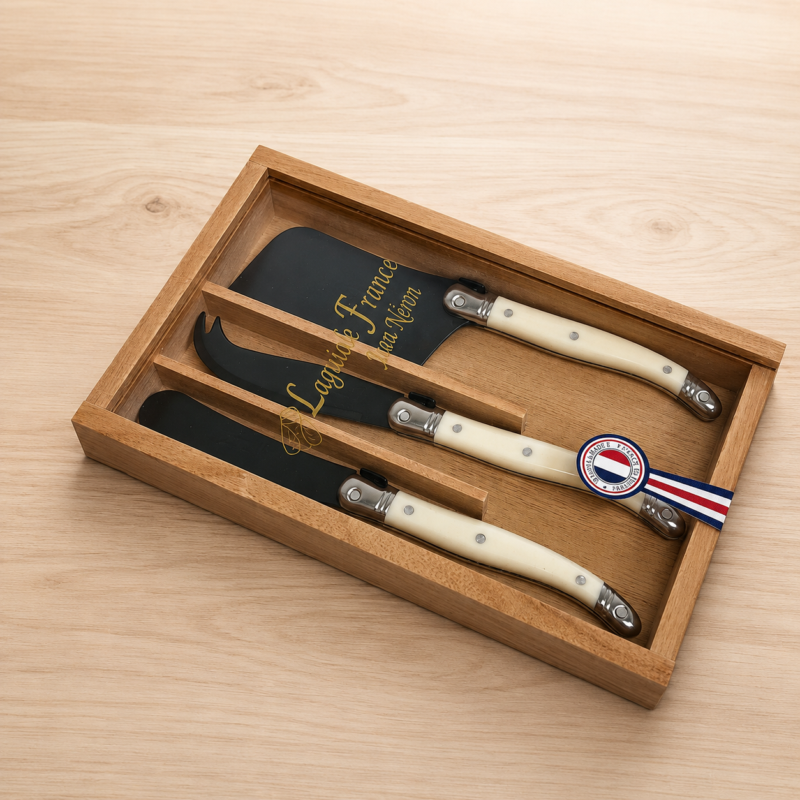 Laguiole 3 Piece Mini Cheese Utensil Set, Black Blade & Ivory Handle in Wood Box with Acrylic Lid