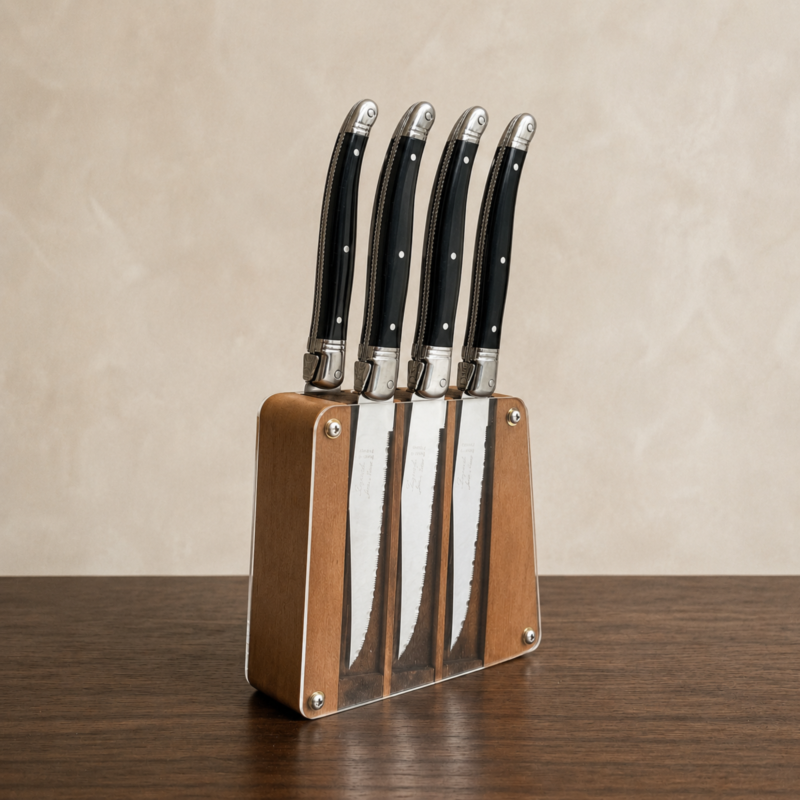 Laguiole 6 Piece Steak Knife Set, Platine Black in Acrylic Block