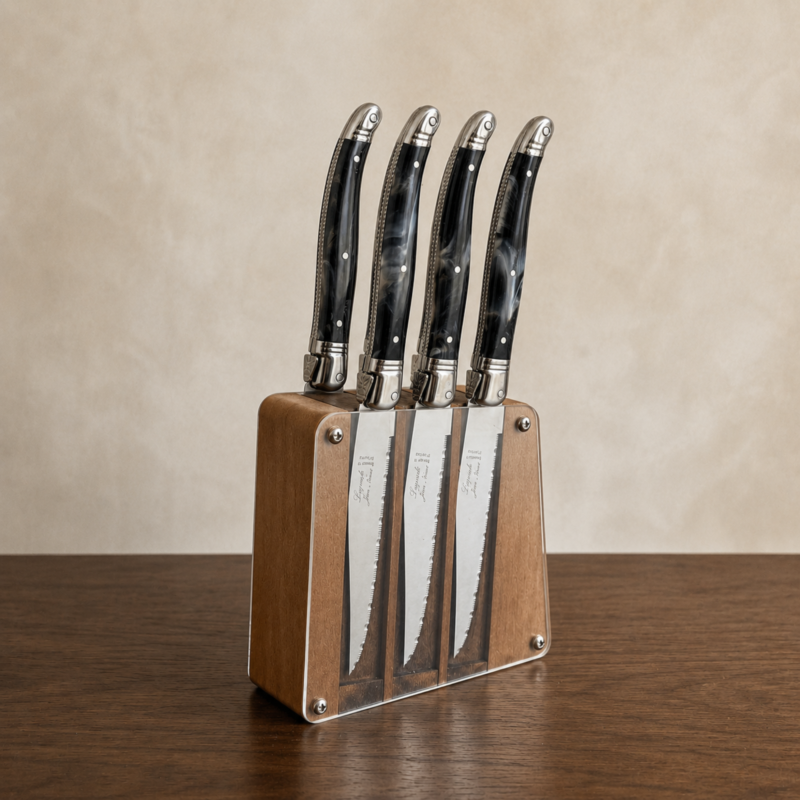 Laguiole 6 Piece Steak Knife Set, Platine Black Marble in Acrylic Block