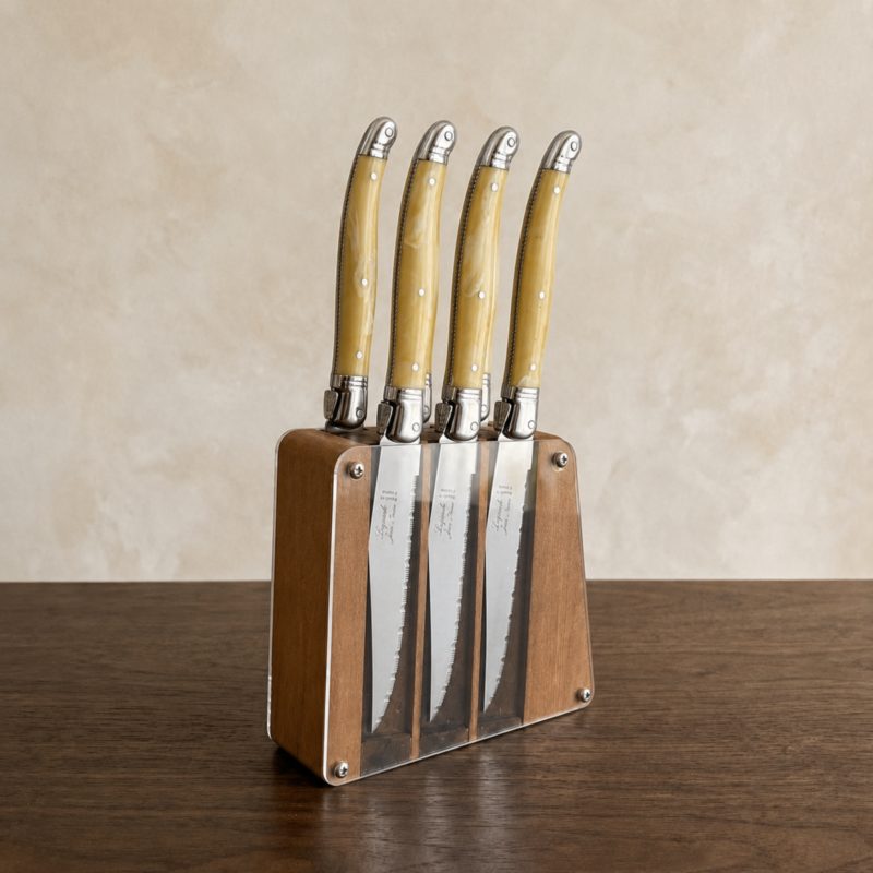 Laguiole 6 Piece Steak Knife Set, Platine Pale Horn in Acrylic Block