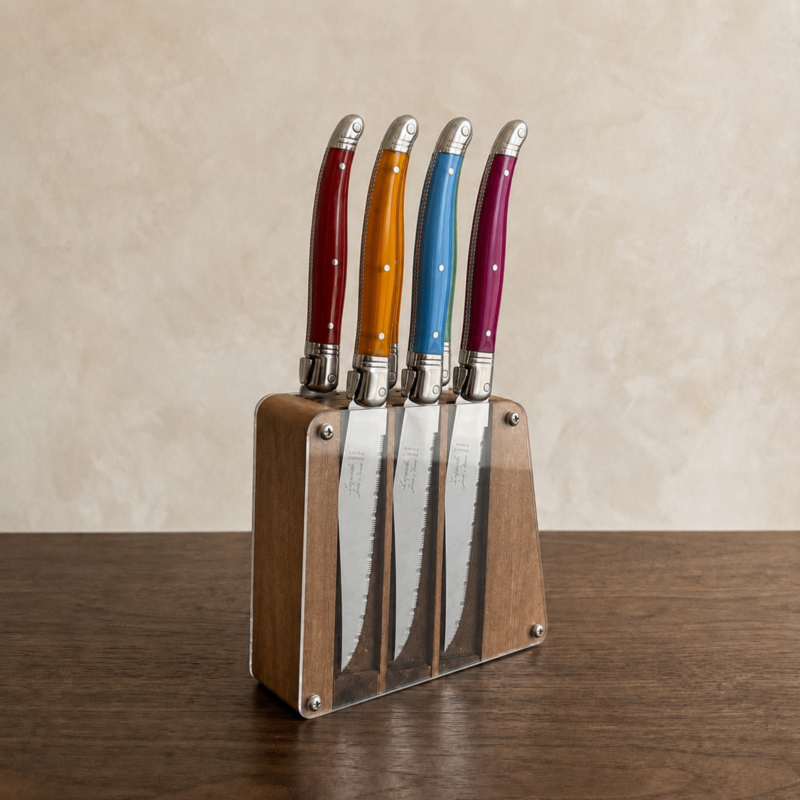 Laguiole 6 Piece Steak Knife Set, Platine Rainbow in Acrylic Block